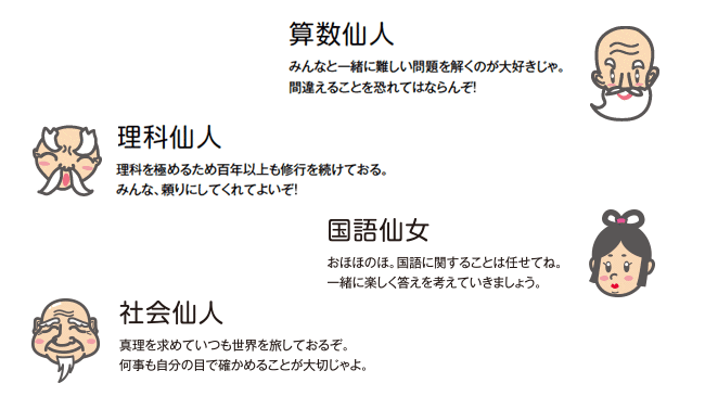 算数仙人　みんなと一緒に難しい問題を解くのが大好きじゃ。間違えることを恐れてはならんぞ！　理科仙人　理科を極めるために百年以上も修行を続けておる。みんな、頼りにしてくれてよいぞ！　国語仙女　おほほのほ。国語に関することは任せてね。一緒に楽しく答えを考えていきましょう。　社会仙人　真理を求めていつも世界を旅しておるぞ。何事も自分の目で確かめることが大切じゃよ。