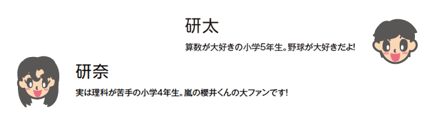 研太　算数が大好きの小学５年生。野球が大好きだよ！　研奈　実は理科が苦手の小学４年生。嵐の櫻井くんの大ファンです！