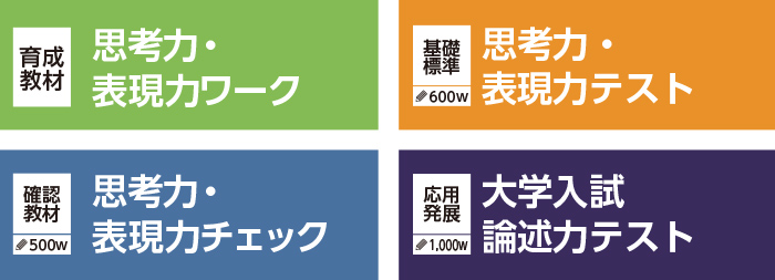 育成教材 思考力・表現力ワーク、基礎標準 思考力・表現力テスト、確認教材 思考力・表現力チェック、応用発展 大学入試論述力テスト