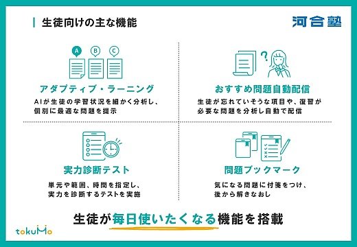 【tokuMo 生徒向け機能】AIを活用した個別最適化学習や忘却曲線に基づいた問題自動配信などで学力定着を支援