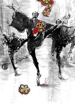 ‘オヤジ’が踊っている時代劇風のイラスト